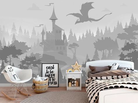 Dragon Castle Wallpaper Boys Room Nonwoven Castle Wallpaper | Etsy Australia Woodland Nursery Wall Mural, Dragon Inspired Bedroom, Mythical Nursery Theme, Castle Nursery Theme, Castle Themed Bedroom, Fantasy Themed Nursery Ideas, Httyd Nursery, Fantasy Themed Nursery, Dragon Themed Nursery