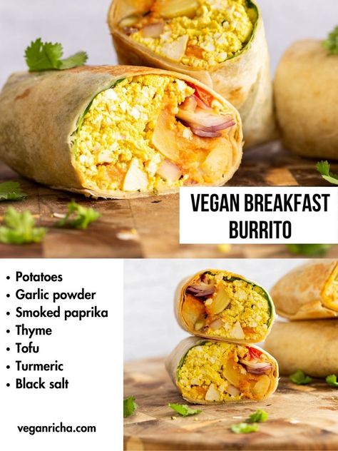 Vegan Breakfast Burrito with 5 Ingredient Tofu Scramble, Breakfast potatoes, chickpea pancake, tomatoes, pepitas and salsa! 25 Gm Protein. High protein breakfast burrito or tacos. Nutfree Recipe. Can be Gluten-free, Soyfree Vegan Protein Burrito, Vegan Fry Up Breakfast, High Protein Plant Based Breakfast, Cheap Vegan Breakfast, High Protein Breakfast Burrito, Protein Breakfast Burrito, Breakfast Ideas Vegetarian, Tofu Scramble Breakfast, Recipe With Tofu