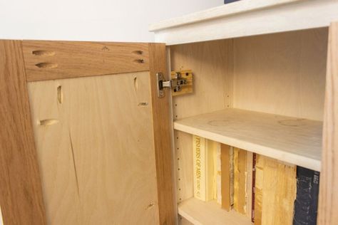 How To Build Doors For Bookshelf, How To Add Doors To Cube Storage, Bookcase Doors Diy, Build Cabinet Doors, Make Cabinet Doors, How To Make Cabinet Doors, Building Cabinet Doors, Bookshelf With Doors, Dog Cabinet