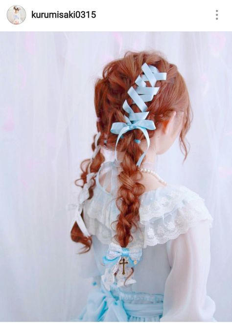 Braid Ribbon Hair, Corset Hairstyle, Corset Hair, Hairstyle With Ribbon, Corset Ribbon, Kawaii Hair, Kawaii Hairstyles, Ribbon Hairstyle, Makeup Hairstyle