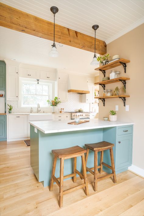 Green and White Kitchen Cabinets, Peninsula, Open Shelving, Exposed Beam, Kitchen Storage, Tongue and Groove Ceiling Farmhouse Style Kitchen Cabinets, Kitchen Peninsula, Simple Kitchen Design, Small Kitchen Design, White Kitchens, Kitchen Cabinet Styles, New Kitchen Cabinets, Kitchen Design Decor, Simple Kitchen