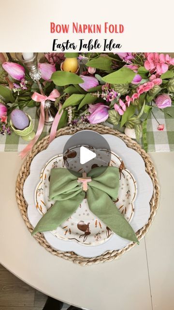 Cherish Larsen - Seasonal/Holiday Favorites! on Instagram: "This is the cloth napkin bow fold 🎀✝️🌸  My Easter table is set and I am excited to show it off this week! I wanted to show I did this napkin fold with the napkin rings I made. As you can see I just create a triangle, then fold in the top half, and fold the bottom half upward to match the top.   Bring the right side over to left, and the left over to the right, and then you will add the napkin ring to create a bow!  LTK links in bio - Happy Sunday!! 🌸" Napkin Bow, Easter Napkin Rings, Easter Napkins Rings, Easter Napkins, Easter Tablescapes, Napkin Folding, The Cloth, Cloth Napkin, Napkin Ring