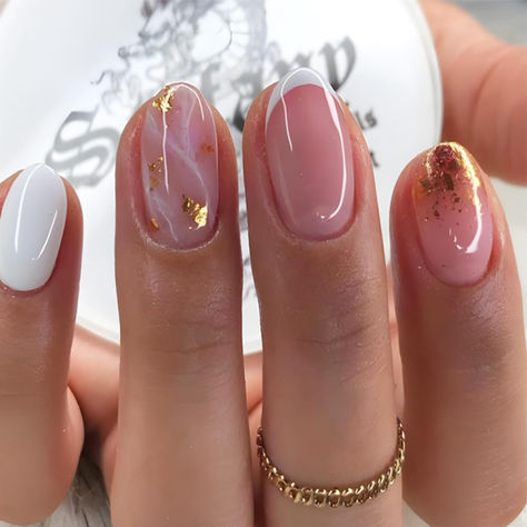 White French Tip Press on Nails Short Almond - WLGDLH Fake Nails Nude Powder False Nails Press Ons with Gold Leaf Design Full Cover White Nail Tips Acrylic Nail Art Kit for Women 24 Pcs. Gold Embellished Nails, Short Gel Tips Nails Ideas, Gold Gel Nails Designs, Nail Inspo Gold And White, Nail Gel Ideas Classy, Gold Short Nails Ideas, French Nails For Short Nails, White French Tip With Gold Design, Gold And Nude Nail Designs