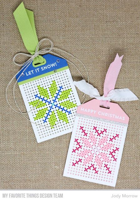 Confessions of a Ribbon Addict: Snowflake Cross-Stitch Tags Cross Stitch Tags, Snowflake Cross Stitch, Embroidery On Paper, Stitching Cards, Paper Embroidery, Mft Stamps, Cross Stitch Cards, Cross Stitch Patterns Christmas, Marianne Design