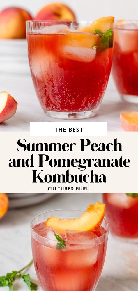 Kombucha Flavors Recipes, Pomegranate Kombucha, Peach Kombucha, Drink For Summer, Fermented Drinks, Kombucha Flavors, Kombucha Recipe, Homemade Kombucha, Kefir Recipes