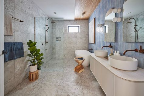 the block 2024 kristin and mimi main bathroom timber panel ceiling Underfloor Insulation, Balcony Tiles, 2024 Bathroom, Scandinavian Tile, Eclectic Tile, Lantern Tile, Brick Look Tile, Tile Cladding, Penny Round Tiles