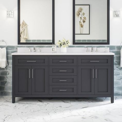 OVE Decors Tahoe 72-in Dark Charcoal Undermount Double Sink Bathroom Vanity with White Ceramic Top (Mirror Included) in the Bathroom Vanities with Tops department at Lowes.com Cultured Marble Vanity Top, Power Bar, Vanity Set With Mirror, Double Vanity Bathroom, Double Sink Bathroom, Double Sink Bathroom Vanity, Marble Vanity Tops, Double Bathroom, Cultured Marble