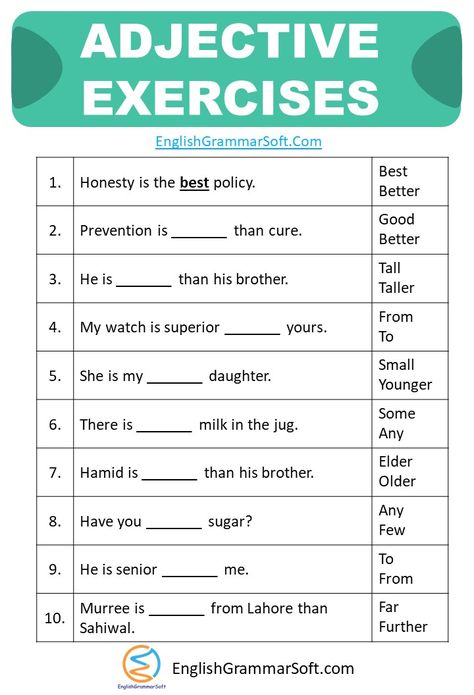 Adjectives Exercises with Answers Adjectives Worksheet For 3rd Grade, Adjectives Exercises Worksheets, Adjective Of Quantity Worksheet, Adjectives Worksheet With Answer, Adjective Or Adverb Worksheet, Adjective Degrees Worksheet, Order Of Adjectives Worksheet, Coordinate Adjectives, Adjectives Exercises