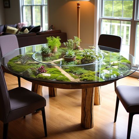 Dining room terrarium tables are innovative and visually captivating furniture pieces that combine the functionality of a dining table with… | Instagram Mossy Furniture, Moss Diorama, Room Terrarium, Plant Dining Table, Moss Furniture, Terrarium Furniture, Table Terrarium, Blooming Table, Living Terrarium