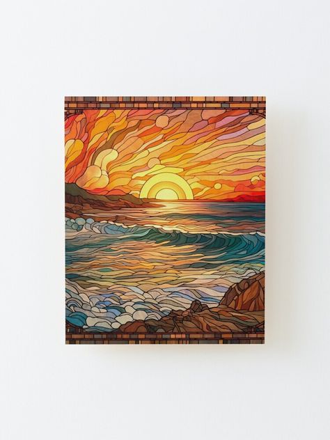 Wall-ready birch plywood print 1/4 inch (6mm) thick with rounded corners Wood grain may be visible through print Mount directly to the wall using 3M tabs Wood spacer helps print stand out 3/4 inch (2cm) from the wall. Amidst the kaleidoscope of hues, behold the 'Stained Glass Beach Scene and Sunset.' Like a mesmerizing cathedral window, vibrant fragments converge, painting a seaside tableau of splendor. Transcending its stained glass origins, this enchanting artwork graces t-shirts, stickers, an Stained Glass Beach, Dynamic Light, Cathedral Window, Sunrise Art, Cathedral Windows, Glass Beach, Art Stained, Beach Scene, Stained Glass Art