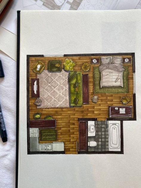 Floor Plan Rendered Markers, Marker Rendering Architecture, Render Floor Plan, Texture Rendering, College Portfolio, Architecture Renders, Marker Rendering, Rendering Architecture, Architecture Render