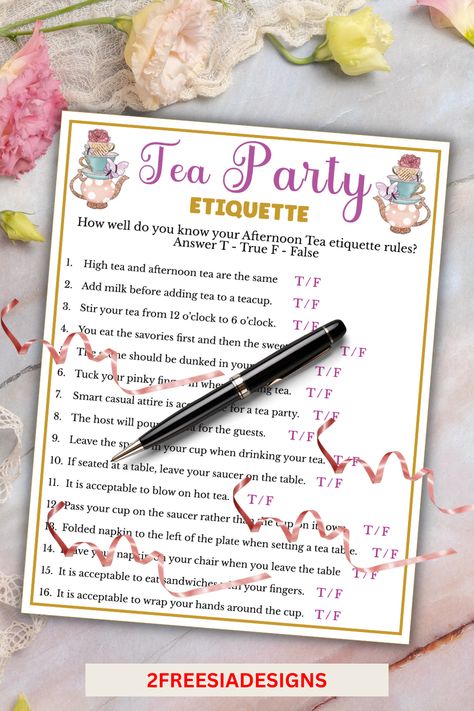 Fun Printable Tea Etiquette True or False game for Tea party Brunch and more Etiquette Games, Tea Party Games For Women, Tea Trivia, Tea Party Etiquette, Mothers Day Tea Party, Church Ladies Tea Party, Tea Party Themed Birthday, French Tea Parties, Tea Foods