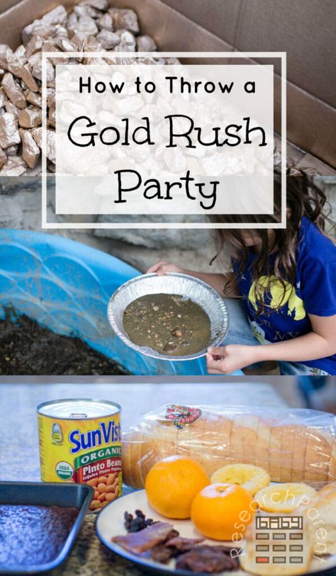 California Gold Rush Activities, Gold Rush Projects, Gold Rush Activities, Mining Birthday Party, Gold Rush Party, Wild West Activities, Mining Party, Music Suggestions, Panning For Gold