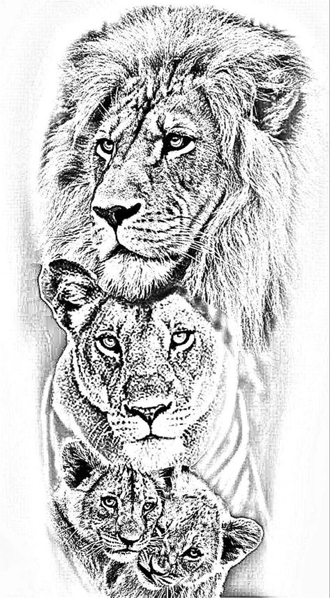 Realist Lion Tattoo, Lions Family Tattoo Design, Lion Family Tattoos For Men, Tiger And Cubs Tattoo, Lion Tattoo Stencil Drawings, Tatoos Woman Chest, Upper Chest Tattoo Female, Lion Family Tattoo, Lion And Lioness Tattoo