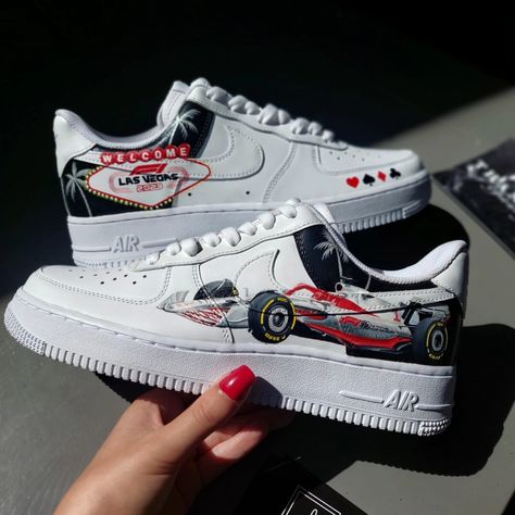 F1 Las Vegas, Las Vegas Design, Custom Tennis Shoes, Vegas Design, Custom Sneakers Diy, Shoes Inspiration, Custom Painted Shoes, Shoes Art, Painted Sneakers