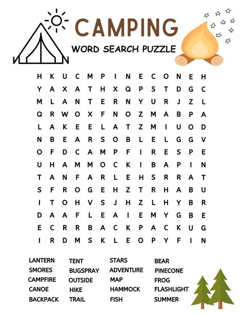 Camping Lesson Plan Activities, Kid Camping Activities, Camping Printables Free For Kids, Camping Word Search, Kids Camping Activities, Camping Worksheets, Word Search Free Printable, Kids Nature Activities, Camping Printables