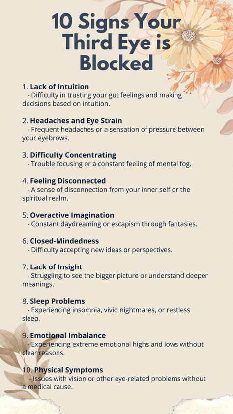 Is your intuition off or are you feeling disconnected from your spiritual self? These could be signs that your third eye is blocked. Learn to identify the 10 common symptoms of a blocked third eye, such as frequent headaches, difficulty concentrating, and emotional imbalance. Recognize the physical and mental indicators, like sleep problems and a lack of insight, that suggest your third eye chakra needs attention. Unlock the secrets to restoring your spiri #FoodHealthTipsHealthTips Left Eye Itching Spiritual Meaning, How To Unlock Your Third Eye, How To Open Your Third Eye, 7 Chakras Meditation, Truth Spell, Balance Chakras, Third Eye Awakening, Frequent Headaches, Chakra Chart