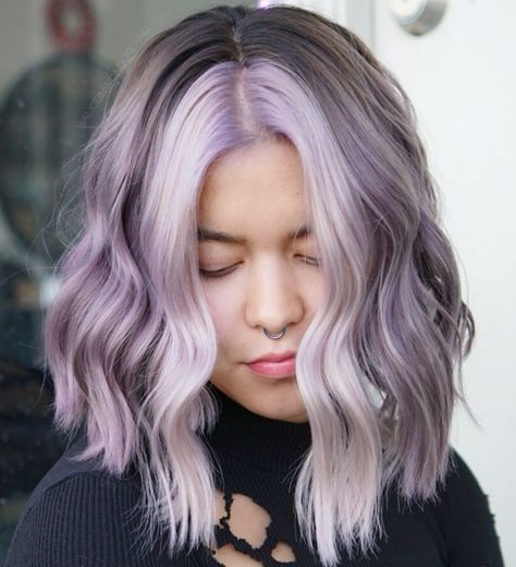 Medium Length Gray and Purple Hair Lavender Hair With Dark Roots, Lavender Gray Hair, Medium Length Purple Hair, Gray And Purple Hair, Light Purple Hair Dark Roots, Dark Purple Into Light Purple Hair, Lilac Hair Dark Roots, Silver Lilac Hair Dark Roots, Purple Peekaboo Hair