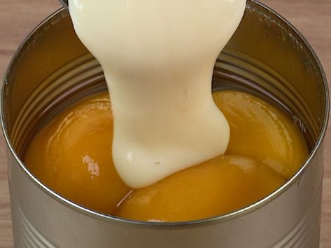 condensed Milk to Peaches in Syrup Sweetened Condensed Milk Desserts, Peaches In Syrup, Recipes Using Condensed Milk, Condensed Milk Desserts, Fruit Combinations, Peach Syrup, Condensed Milk Recipes, Peach Desserts, Low Carb Sweeteners