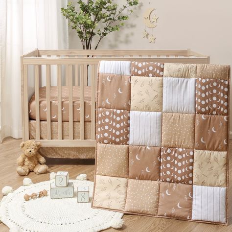 Add a touch of celestial charm to your nursery with The Peanutshell 3-Piece Boho Celestial Bedding Set. This timeless and elegant set features a celestial-inspired patchwork in soothing shades of soft neutrals and a harmonious blend of suns, moons, and stars. The tranquil set includes a standard fitted crib sheet with strong elastic, a 32" x 41" patchwork layout quilt, and a coordinating crib skirt for a tailored finish. For easy care, wash on a cold, gentle cycle then dry at low heat to ensure Nursery Crib Decor, Boho Baby Room Ideas, Celestial Bedding, Boho Crib Bedding, Western Nursery, Boho Baby Nursery, Simple Quilts, Boho Celestial