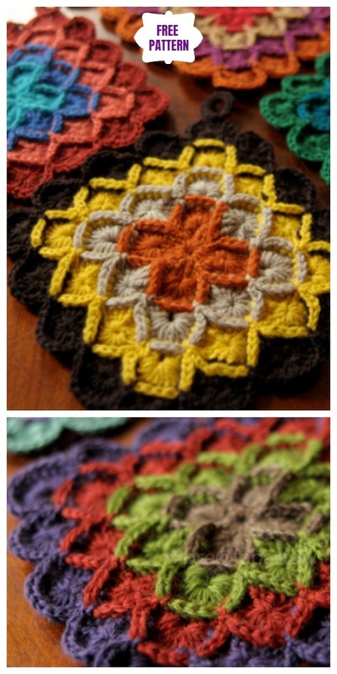 Crochet Wool Eater Potholder Free Crochet Pattern Household Crochet, Crochet Flower Pot, Crochet Potholder, Crochet Potholder Patterns, Mandala Crochet, Knitting Crafts, Crochet Hot Pads, Crocheting Patterns, Confection Au Crochet