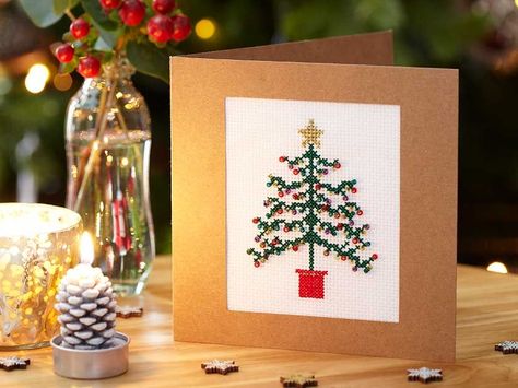 Start stitching in time for the festive season with our cross stitch Christmas tree card complete with sparkly star and shimmering beads Cross Stitch Christmas Tree, Stitch Christmas Tree, Christmas Cross Stitch Patterns Free, Cross Stitch Christmas Cards, Cross Christmas Tree, Christmas Tree Card, X Stitch, Xmas Cross Stitch, Cross Stitch Christmas