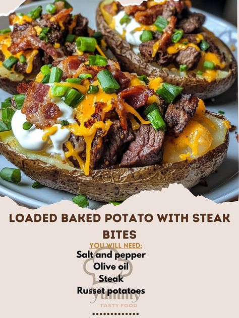 🥔 "Loaded Baked Potato with Steak Bites—crispy potatoes topped with juicy steak and all your favorite toppings! Try it now! 🥩🟠 #LoadedPotatoes #SteakLovers" Loaded Baked Potato with Steak Bites Ingredients: Russet potatoes (4, large) Steak (1 lb, cubed) Olive oil (2 tbsp) Salt and pepper (to taste) Cheddar cheese (1 cup, shredded) Sour cream (1/2 cup) Bacon bits (1/4 cup) Green onions (2 tbsp, chopped) Instructions: Bake potatoes at 400°F (200°C) for 45-60 minutes until tender. Heat olive... Loaded Baked Potato With Steak, Baked Potato With Steak, Steak And Baked Potato, Baked Steak, Stuffed Baked Potatoes, Loaded Baked Potato, Baked Potato Recipes, Filling Snacks, Potato Recipes Side Dishes