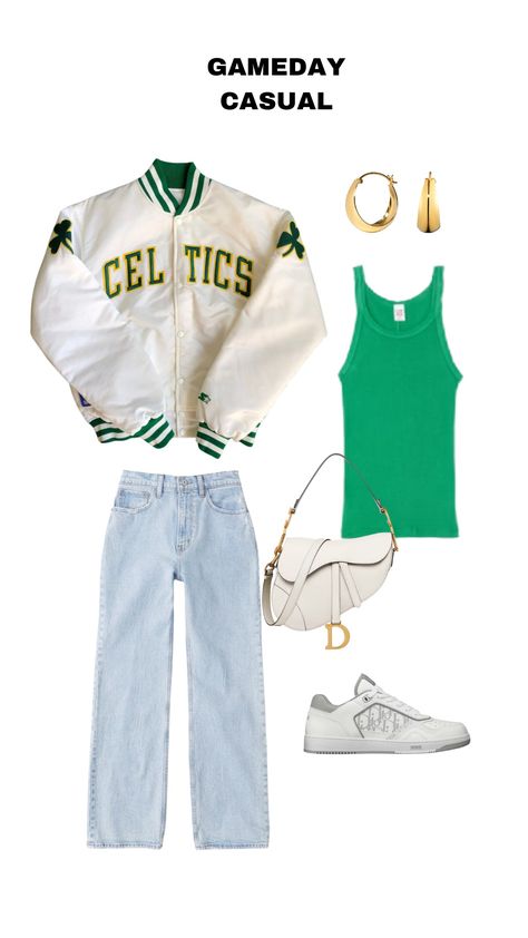 Boston Celtics Game Outfit Women, Womens Nba Game Outfit, Gameday Outfit Basketball, Boston Celtics Outfit Woman, Trendy Gameday Outfit, Celtics Outfit Women, Celtics Game Outfit Women, Green Gameday Outfit, Celtics Game Outfit