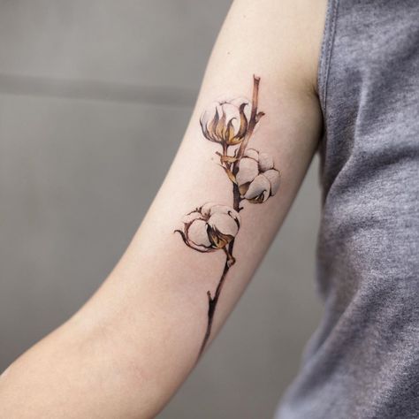 Cotton flower tattoo by tattooist Chenjie Cotton Flower Tattoo, Chinese Traditional Tattoo, Southern Tattoos, Chinese Tattoo Designs, Hamsa Tattoo Design, Traditional Tattoo Ideas, Traditional Tattoo Designs, Country Tattoos, Flower Tattoo Meanings