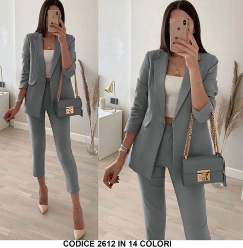 Tailleur Completo Donna Pantalone e Giacca Casual Elegante Lavoro Completo in 14 Colori - 2612 Curvy Shorts, Elegante Casual, Business Outfits, Jumpsuit, Blazer