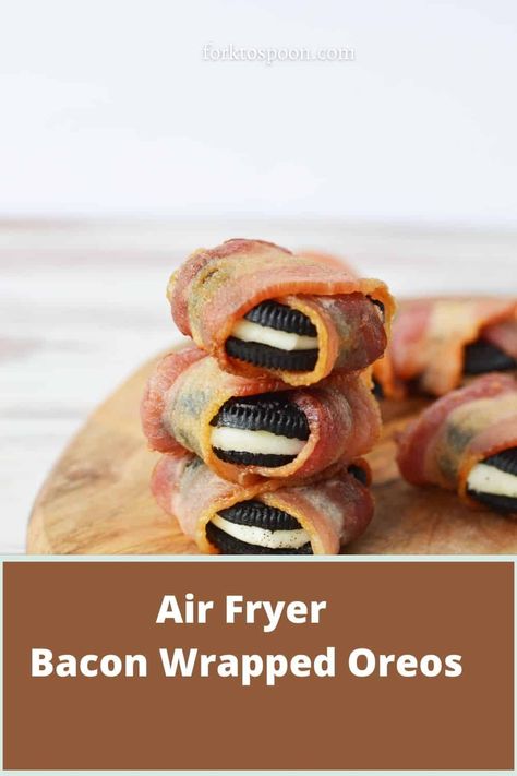 Air Fryer Bacon Wrapped Oreos Bacon Hacks, Bacon Wrapped Oreos, Food Ninja, Air Fry Bacon, Lazy Food, Bacon Wrapped Recipes, Unique Breakfast, Bacon Wrapped Appetizers, Air Fryer Bacon