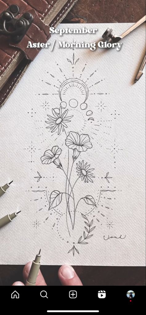 Daffodil Compass Tattoo, Half Moon Flower Tattoo, Aster And Morning Glory Drawing, Celestial Flower Tattoo, Celestial Arm Tattoo, Aster And Morning Glory Flower Tattoo, Kid Name Tattoo Ideas, September Birth Flower Tattoo Aster, Aster And Morning Glory Tattoo