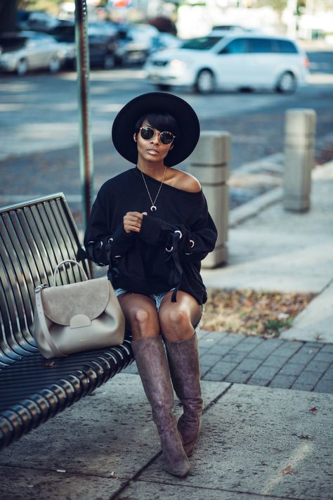 Grey Fedora Hat Outfit, Outfits With Fedora Hats Black Women, Fedora Hat Black Women, Black Fedora Hat Outfit, Kyrzada Rodriguez, Hats Black Women, Outfits With Fedora Hats, Hat Outfit Women, Outfit With Fedora