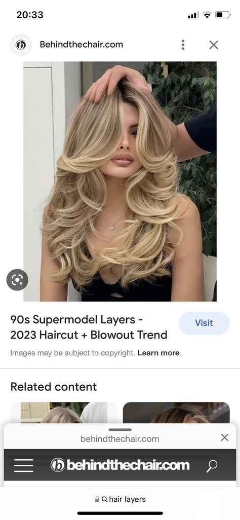 Supermodel Blowout Hair, Big Bouncy Layers, Big Bouncy Hair 90s, 90 Bombshell Hair, Bouncy Blowout Haircut, 90s Blowout Hair Long Volume, Long Hair Bouncy Curls, Bouncy Curls Blowout, Blonde Bouncy Hair