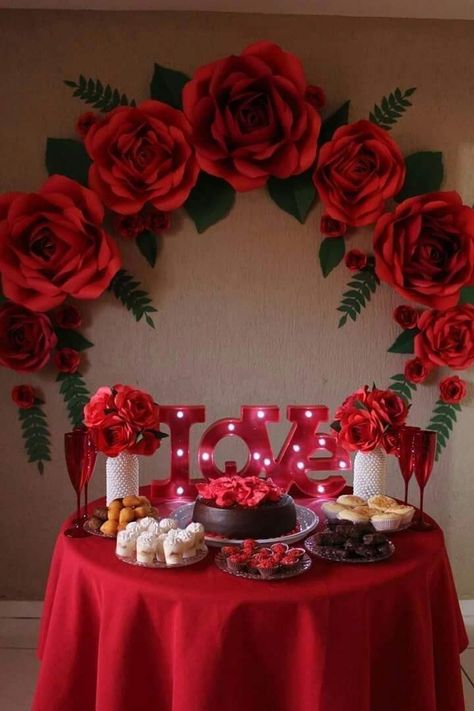 Romantic Dinner Decoration, Red Party Decorations, Quinceanera Decorations, Paper Flower Backdrop, Dinner Decoration, Anniversary Decorations, Red Party, Paper Flowers Diy, Valentines Party