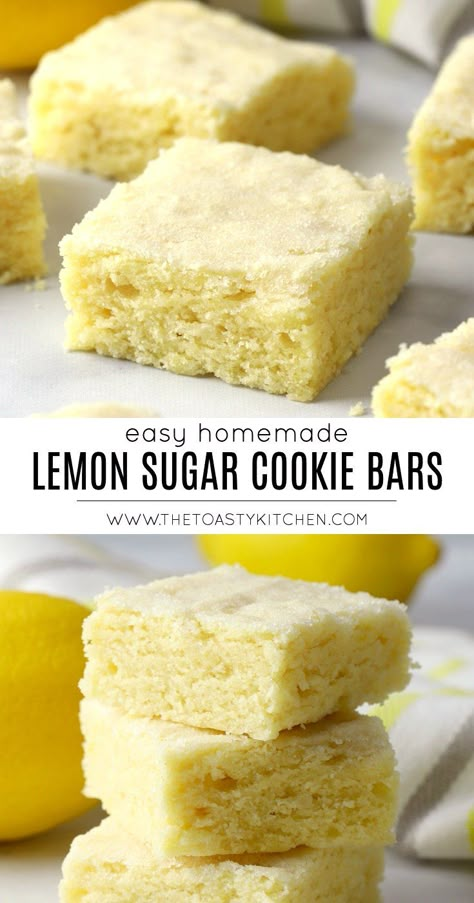 Lemon Sugar Cookie Bars by The Toasty Kitchen #lemon #sugarcookiebars #cookies #spring #summer #recipe #homemade #fromscratch #lemonzest #lemondessert #dessert Lemon Bars 9x13 Pan, Everyday Desserts, Lemon Sugar Cookie, Summer Fruit Recipes, Cookie Bars Easy, Lemon Treats, Fruit Bars, Homemade Recipes Dessert, Lemon Sugar Cookies