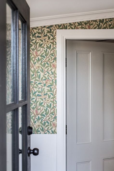 Our Cottage Renovation Update - Cottonwood & Co Wallpaper Accent Wall Kitchen, William Morris Tapet, Accent Wall Kitchen, Inset Cabinetry, William Morris Wallpaper, Cottage Wallpaper, Wallpapers Ideas, Ship Lap, Morris Wallpapers