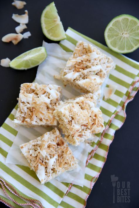 Toasted Coconut Lime Rice Krispie Treats from Our Best Bites Key Lime Rice Crispy Treats, Key Lime Rice Krispie Treats, Popcorn Desserts, Coconut Lime Rice, Gf Treats, Our Best Bites, Krispie Treats Recipe, Lime Recipes, Krispy Treats