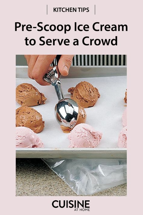 Pre-Scoop Ice Cream to Serve a Crowd | When serving ice cream for a big group, don't scoop at the last minute as your guests anxiously await their turn for a frozen treat! Pre-scoop your ice cream and store in the freezer until you're ready to serve with this quick kitchen tip. #food #cuisineathome #cookingtips #cookinghacks #kitchentips #kitchenhacks How To Store Ice Cream For Party, Pre Scooped Ice Cream For Party, Pre Scoop Ice Cream For Party, Best Way To Serve Ice Cream At A Party, Pre Scooped Ice Cream, How To Serve Ice Cream At A Party, Serving Ice Cream At A Party, Prescoop Ice Cream, Ice Cream Table Ideas