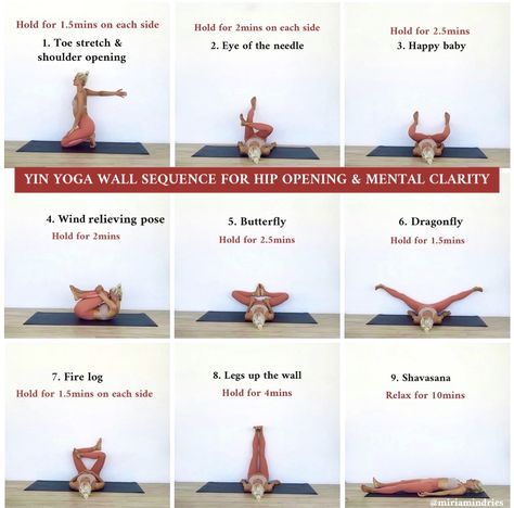 Yin yoga wall sequence for hip-opening and mental clarity Yin Yoga Hip Openers, Restorative Hip Openers, Yin Hip Openers, Yoga With Wall Support, Wall Yin Yoga, Luteal Phase Yoga Poses, Yin Yoga For Hips, Wall Yin Yoga Sequence, Slow Flow Yoga Sequence