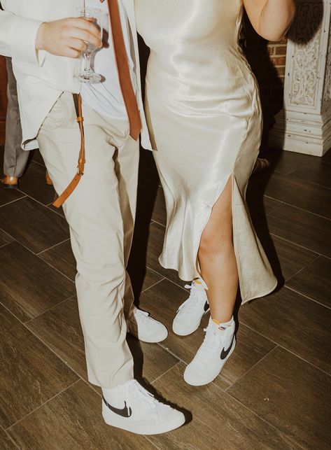 Wedding After Party Outfit For Groom, Bride And Groom Reception Shoes, White Reception Outfit For Bride, Groom Reception Outfit Change, Bride And Groom Matching Sneakers, Wedding Reception Shoes For Bride And Groom, Wedding Reception Nikes, Groom Second Outfit, Groom Simple Outfit