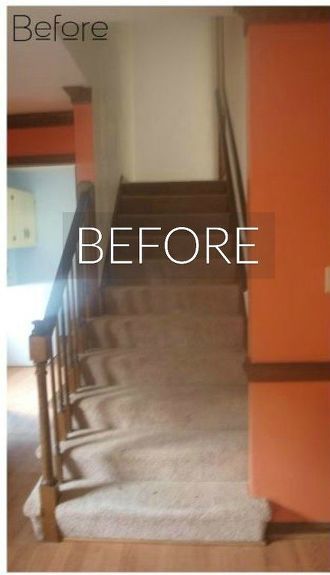 You'll want to rip out your carpeted staircase after seeing these Carpeted Staircase, Easy Closet Storage, Cheap Curtains, Wood Staircase, Diy Abstract Canvas Art, Cheap Carpet Runners, White Carpet, Small Carpet, Orange Walls