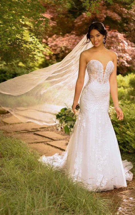 D2888 Shimmering Fit-and-Flare with Lace by Essense of Australia Essence Of Australia Wedding Dress, Australia Wedding Dress, Wedding Dress Boutique, Tulle Train, Bridal Shops, Wedding Cake Tops, Essence Of Australia, Ivory Gown, Essense Of Australia