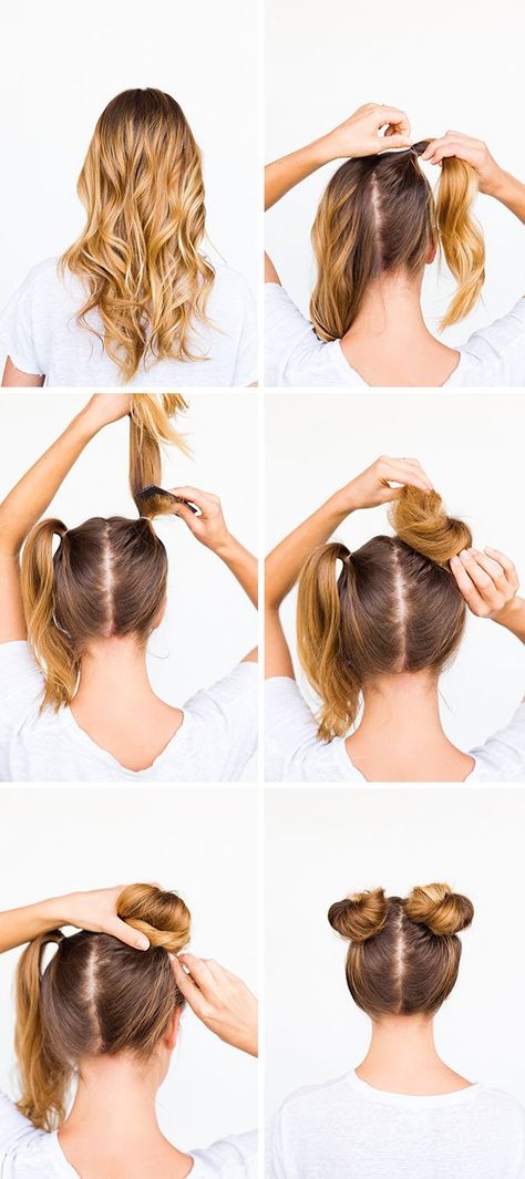 DIY double bun hair tutorial Tutorial Chignon, Two Buns Hairstyle, Makeup Zombie, Tutorial Hair, Easy Everyday Hairstyles, Hair Bun Tutorial, Bun Tutorial, Bun Hairstyle, Easy Summer Hairstyles