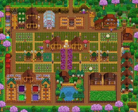 Stardew Valley Farm Layout, Stardew Valley Farm, Stardew Farms, Stardew Valley Layout, Stardew Valley Tips, Outdoor Eating Area, Stardew Valley Farms, Valley Game, Top Farm