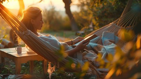 Tranquil Reading Nook: A woman enjoys a peaceful moment reading a book in a hammock at golden hour. #woman #reading #hammock #relaxation #nature #aiart #aiphoto #stockcake ⬇️ Download and 📝 Prompt 👉 https://ayr.app/l/HVqB Book Hammock, Reading Hammock, Cozy Hammock, Backyard Hammock, Backyard Trees, Books To Read For Women, 17 August, Rustic Wooden Table, Visual Board