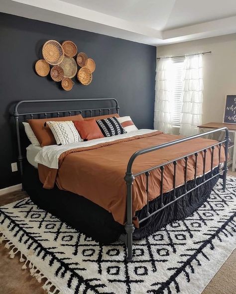 Masculine Bedroom Wall Decor, Black White And Terracotta Bedroom, Black And Rust Bedroom Boho, Black And Camel Bedroom, Black And Mustard Bedroom, Bedroom Alt, Black And Rust Bedroom, Black Bedroom Wall, Cami Cakes