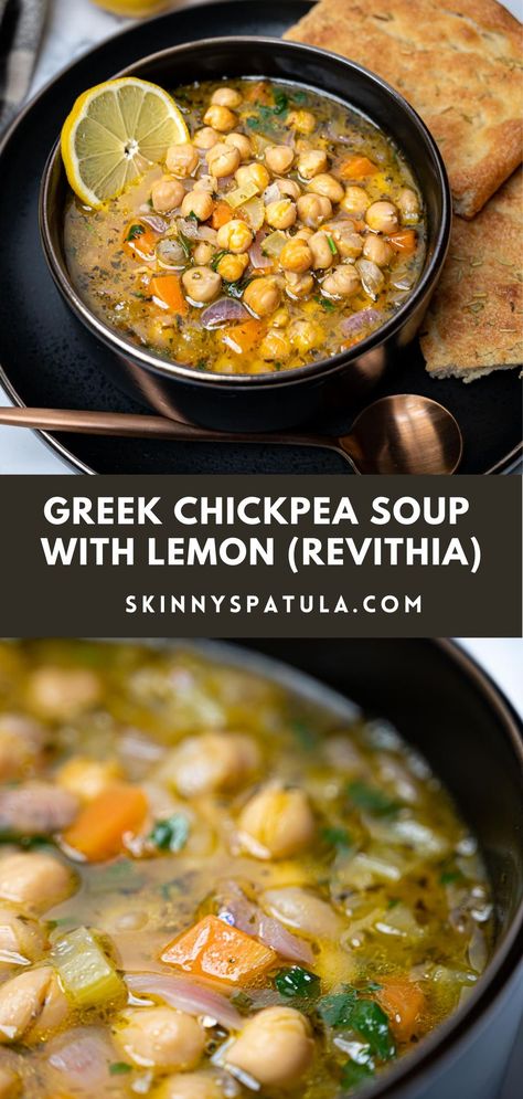 Souper Sunday, Greek Chickpea Soup, Vegan Greek Recipes, Fiber Fueled, Chicken Pea, Soup With Lemon, Chickpea Recipe, Greek Chickpeas, Vegan Greek