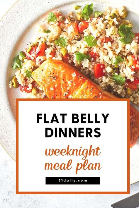 Weeknight Dinner Meal Plan: We're cooking healthy Flat Belly Dinners this week as we prepare for warm summer months to come. Most dinner recipes are 20 minutes or less, all are easy and delicious! Hot Dinner Ideas, Zesty Quinoa Salad, Dinner Meal Plan, 31 Daily, Burger Recipes Beef, Chicken Piccata Recipe, Gluten Free Wraps, Flat Belly Foods, Cooking Healthy