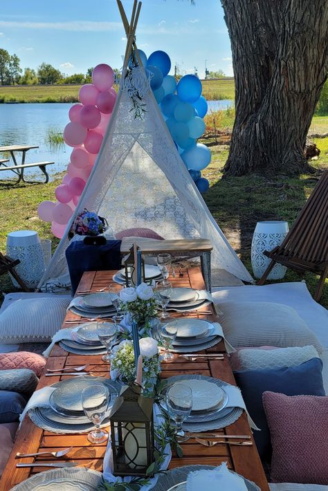 Picnic Gender Reveal Party, Gender Reveal Picnic Ideas, Outdoor Gender Reveal Party Decorations, Gender Reveal Outdoor, Picnic Gender Reveal, Outdoor Gender Reveal, Gender Reveal Picnic, Gender Reveal Theme Ideas, Gender Reveal Theme